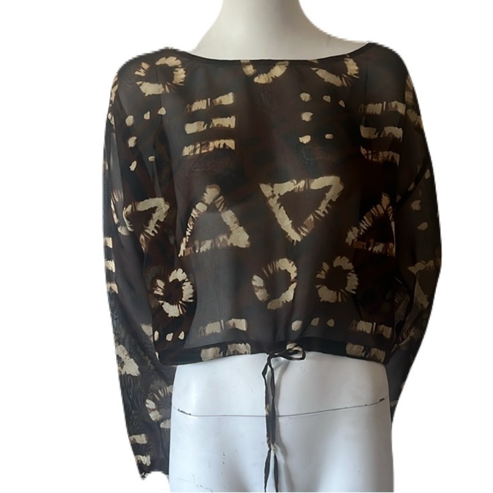 Boutique Europa Sheer Black and Tan Geometric Print Women's Cropped Top Size M